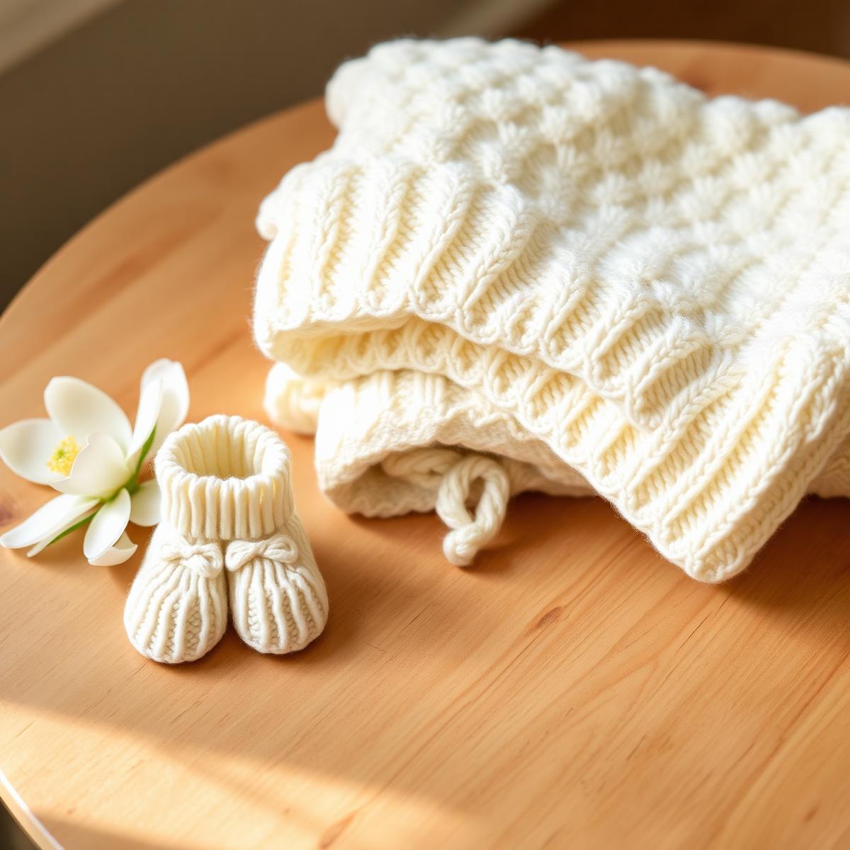 Soft cream knit baby blanket and booties